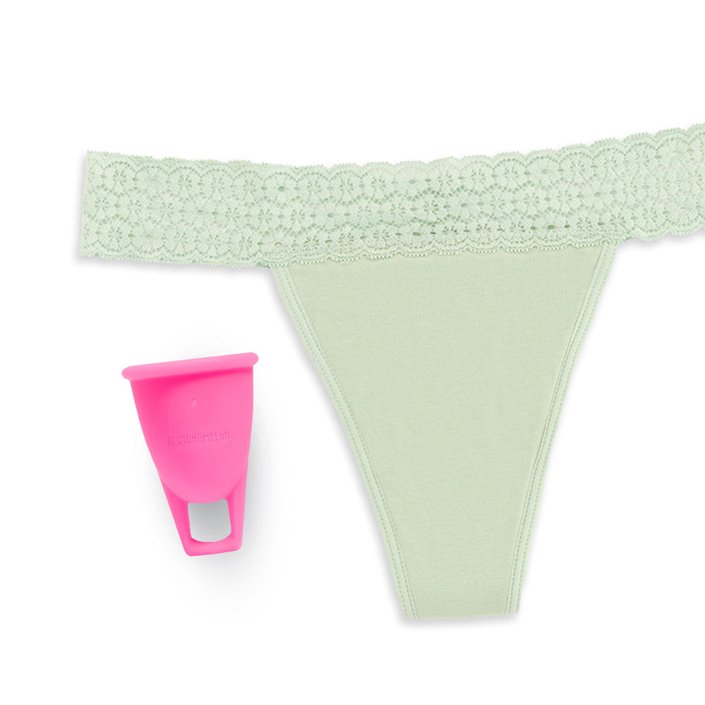 Kiwitas Tanga Encaje + Copa menstrual Greta Braguitas menstruales Platanomelón 1